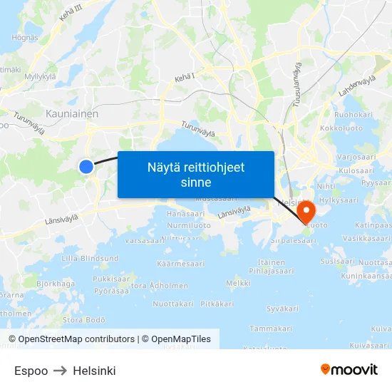 Espoo to Helsinki map