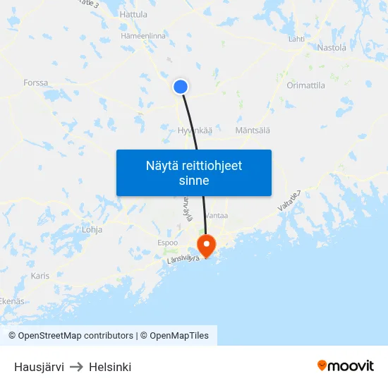 Hausjärvi to Helsinki map