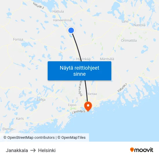 Janakkala to Helsinki map
