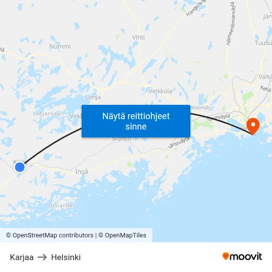 Karjaa to Helsinki map