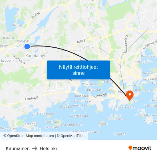 Kauniainen to Helsinki map