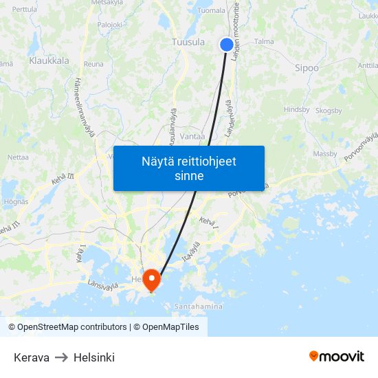 Kerava to Helsinki map
