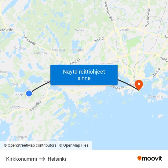 Kirkkonummi to Helsinki map