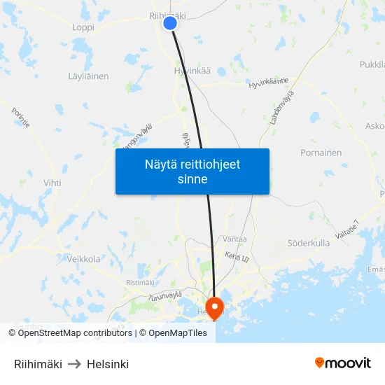 Riihimäki to Helsinki map
