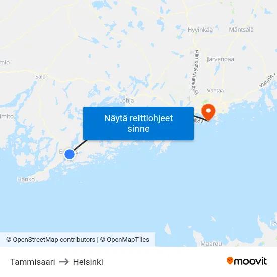 Tammisaari to Helsinki map