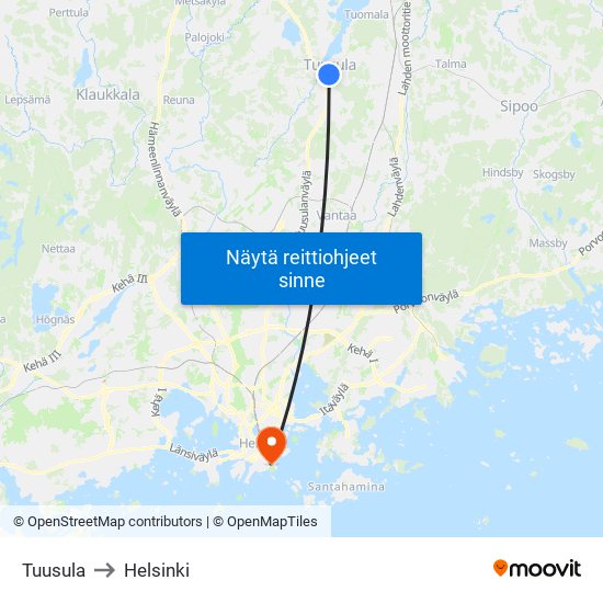 Tuusula to Helsinki map