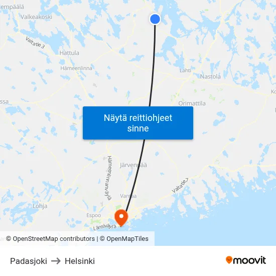 Padasjoki to Helsinki map
