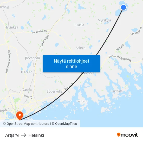 Artjärvi to Helsinki map