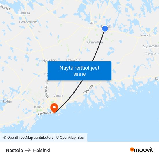 Nastola to Helsinki map