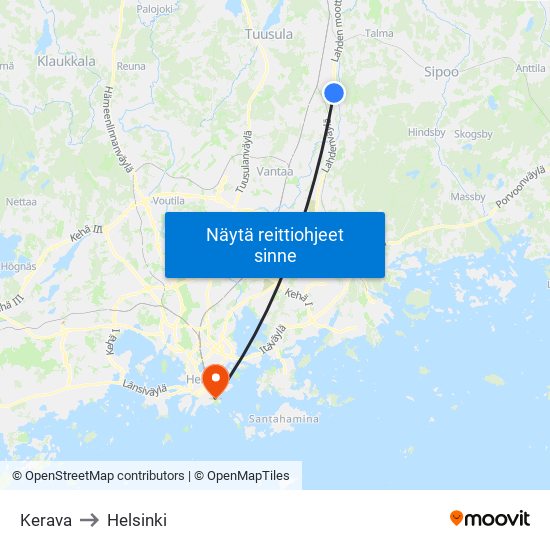 Kerava to Helsinki map