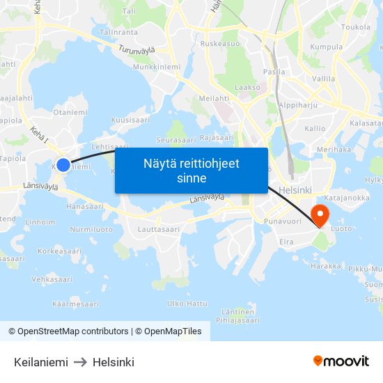 Keilaniemi to Helsinki map