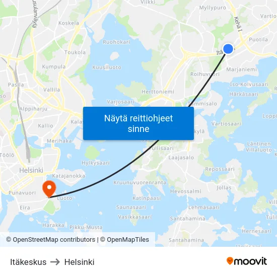 Itäkeskus to Helsinki map