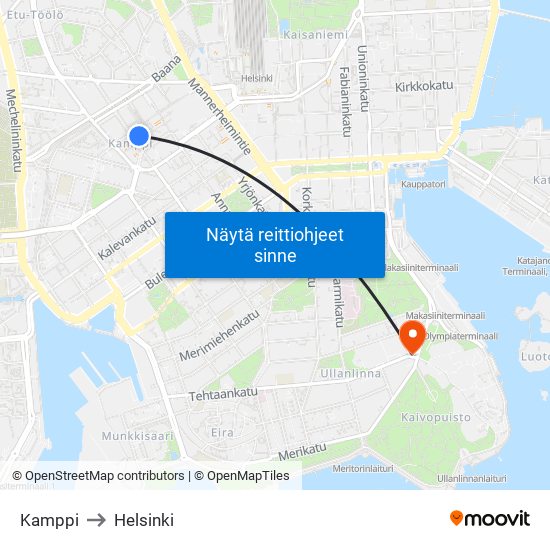 Kamppi to Helsinki map