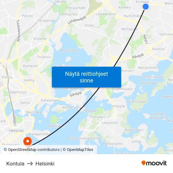 Kontula to Helsinki map