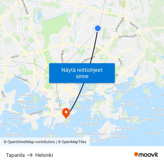 Tapanila to Helsinki map