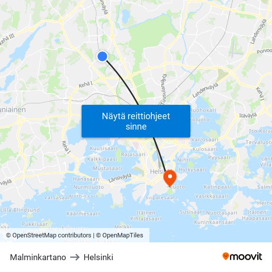 Malminkartano to Helsinki map