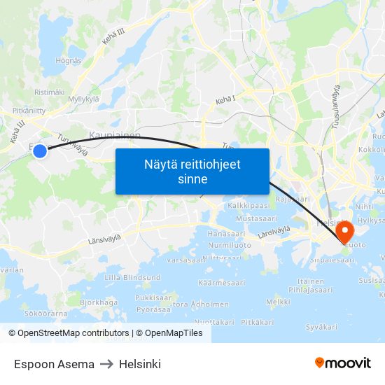 Espoon Asema to Helsinki map