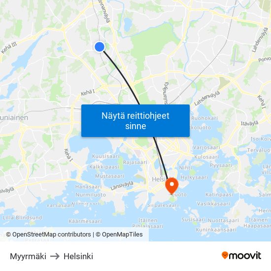 Myyrmäki to Helsinki map