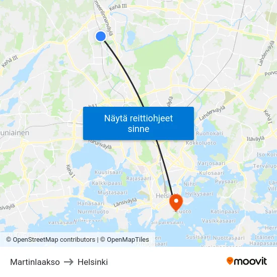 Martinlaakso to Helsinki map