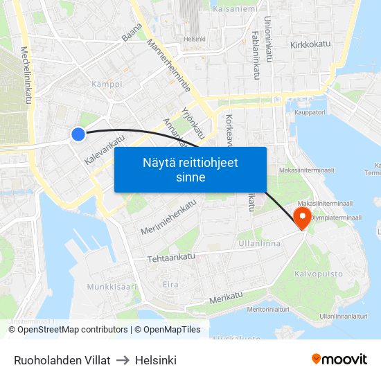 Ruoholahden Villat to Helsinki map