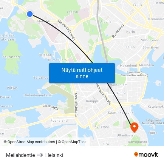 Meilahdentie to Helsinki map