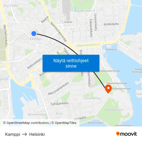 Kamppi to Helsinki map