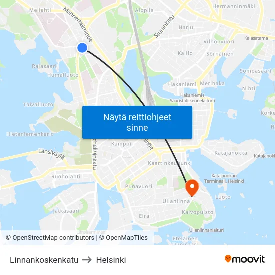 Linnankoskenkatu to Helsinki map