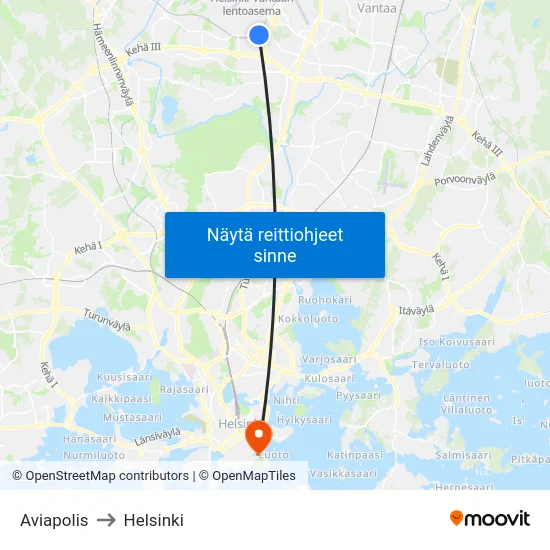 Aviapolis to Helsinki map