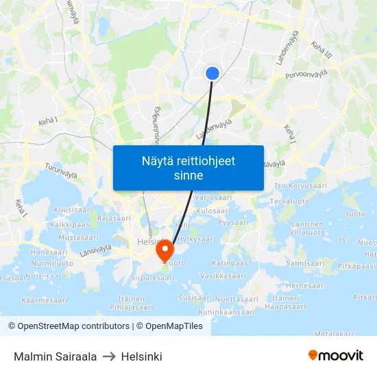 Malmin Sairaala to Helsinki map
