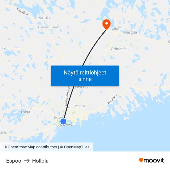 Espoo to Hollola map