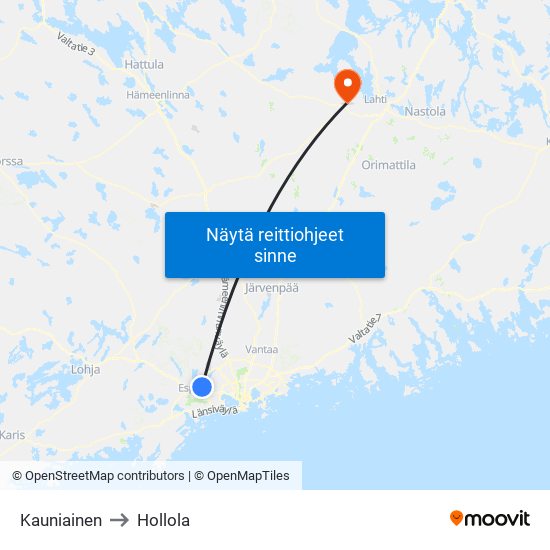 Kauniainen to Hollola map