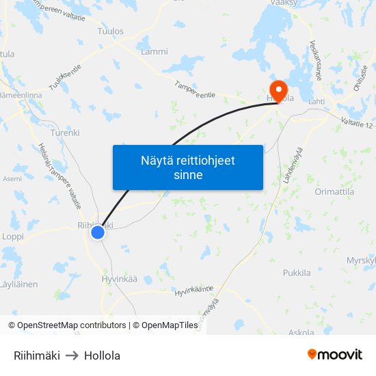 Riihimäki to Hollola map