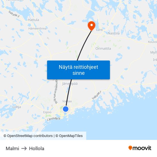 Malmi to Hollola map