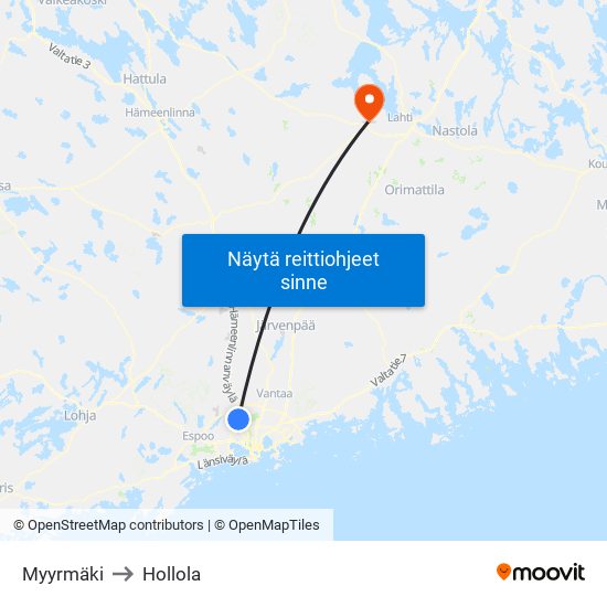 Myyrmäki to Hollola map