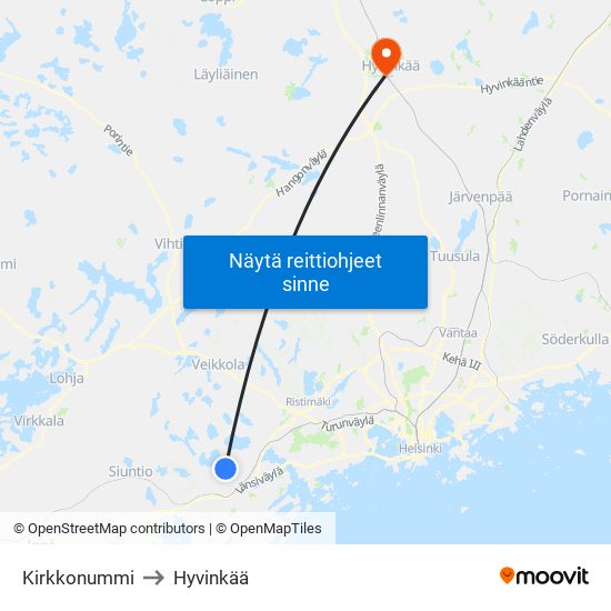 Kirkkonummi to Hyvinkää map