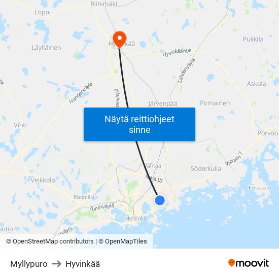 Myllypuro to Hyvinkää map