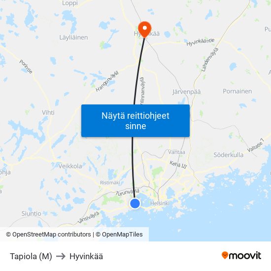 Tapiola (M) to Hyvinkää map