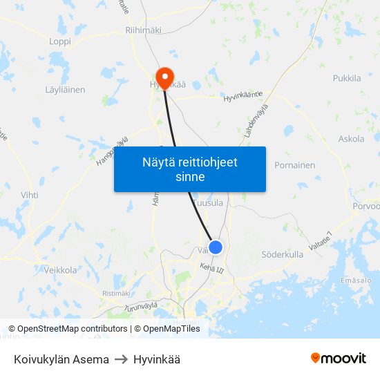 Koivukylän Asema to Hyvinkää map