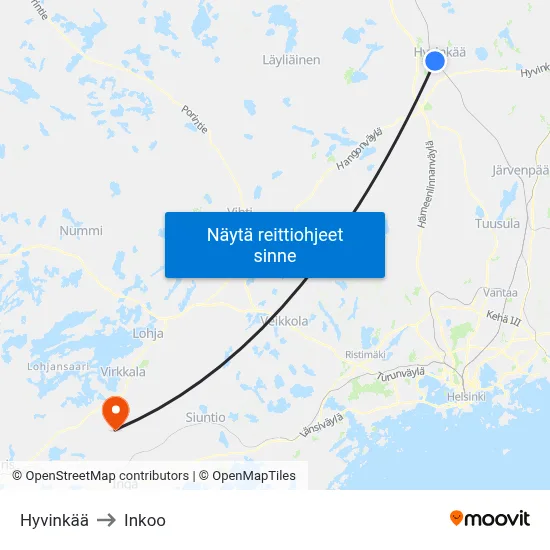 Hyvinkää to Inkoo map