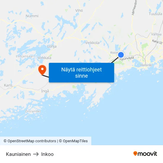 Kauniainen to Inkoo map