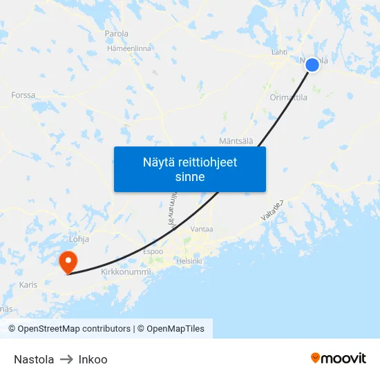 Nastola to Inkoo map