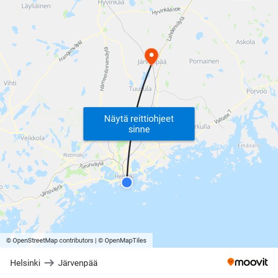 Helsinki to Järvenpää map