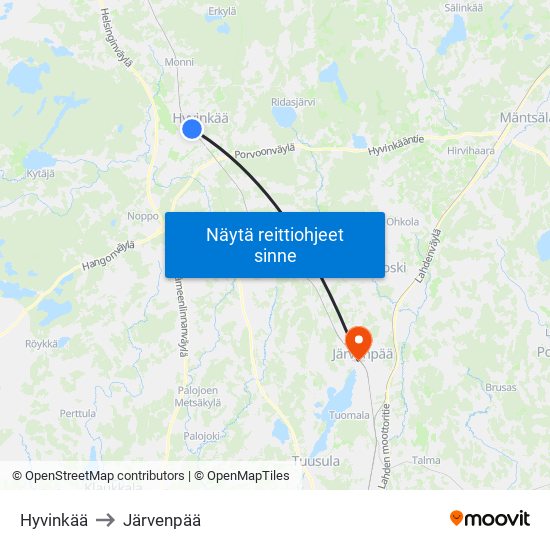 Hyvinkää to Järvenpää map