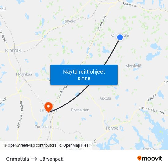 Orimattila to Järvenpää map