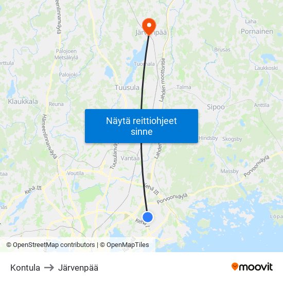 Kontula to Järvenpää map