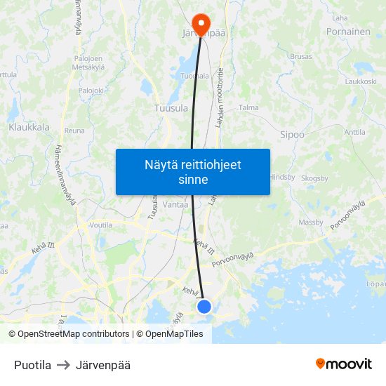 Puotila to Järvenpää map