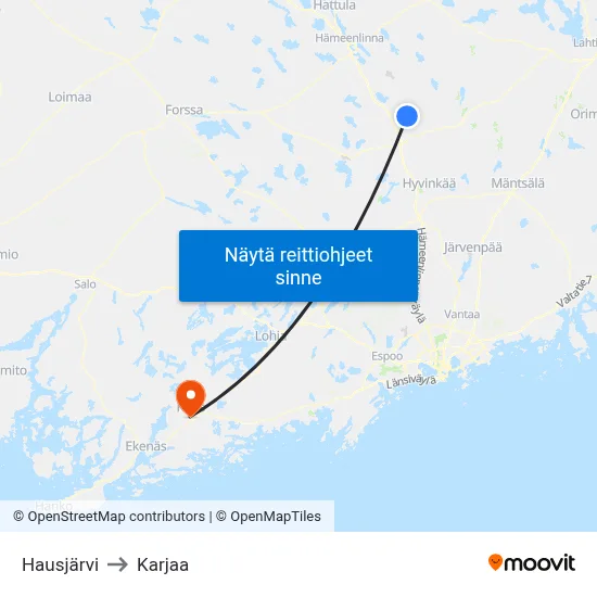 Hausjärvi to Karjaa map