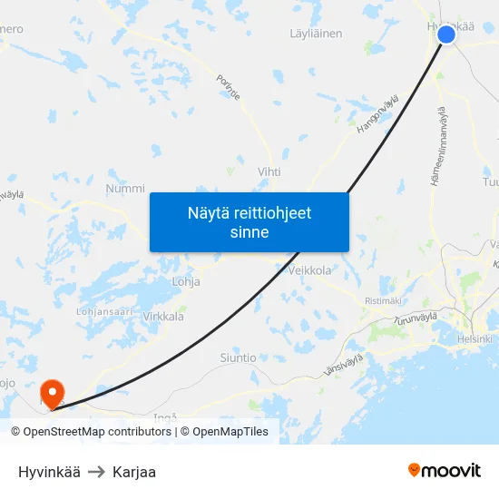 Hyvinkää to Karjaa map