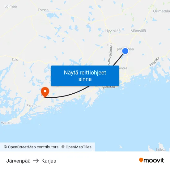 Järvenpää to Karjaa map