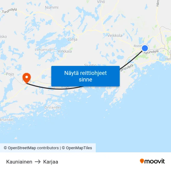 Kauniainen to Karjaa map